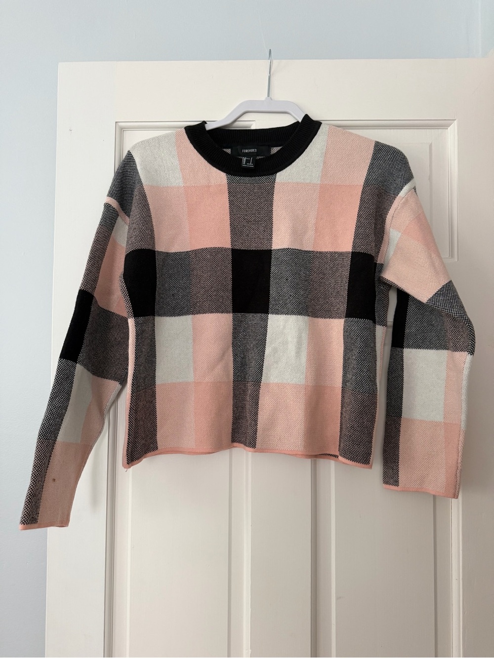 Forever 21 Pink, Black & White Plaid Crewneck Sweater